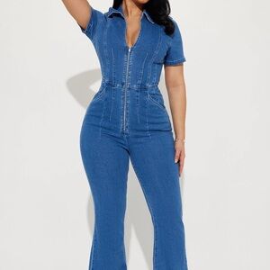Fashion Nova Blue Denim Zip-Front Bootcut Jumpsuit